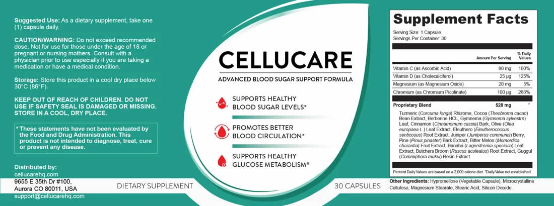 CelluCare Supplement Facts Label